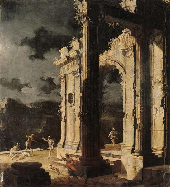 An architectural capriccio with figures amongst ruins,under a stormy night sky